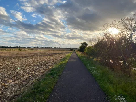 Low evening sun through broken clouds over a ploughed field and a path