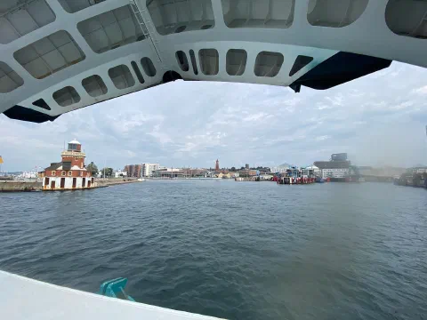 Arriving in Helsingborg, Sweden, seen from under the ferry's bow deck: lighthouse and skyline