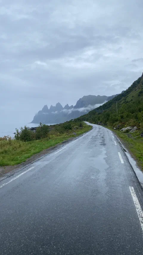 Wet road curving towards the jagged peaks of Senja in the mist